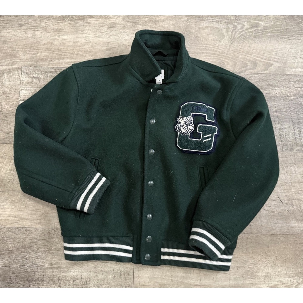 Gap Varsity Jacket Boys Medium Green Wool Blend Patch Bomber Coat